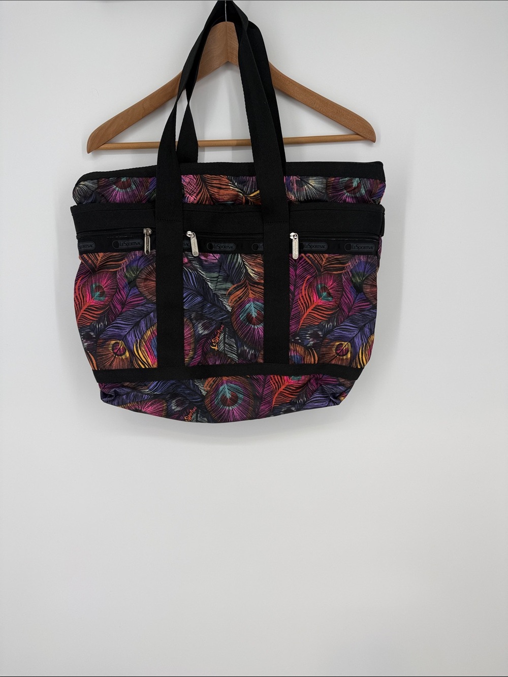 Le Sportsac Peacock Feather Print Tote Bag - Black Trim